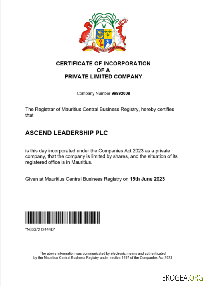 Modèle Word et PDF de certificat d'enregistrement d'entreprise à Maurice